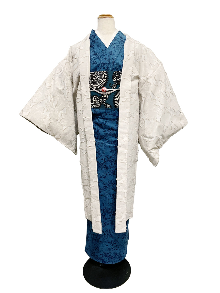 (KUON) Yarn-dyed cotton jacquard haori (Pachira) with single-ply stitching