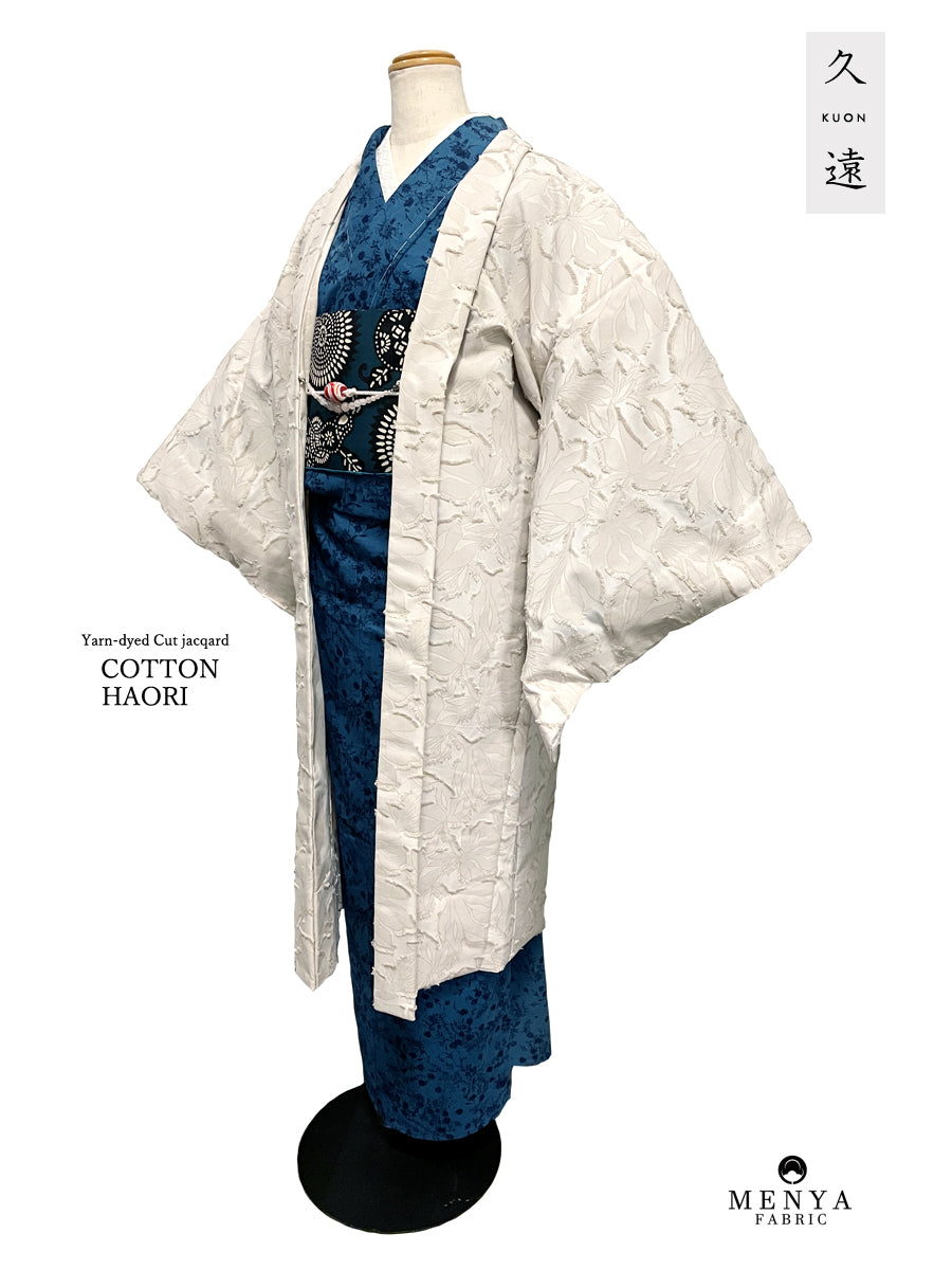 (KUON) Yarn-dyed cotton jacquard haori (Pachira) with single-ply stitching