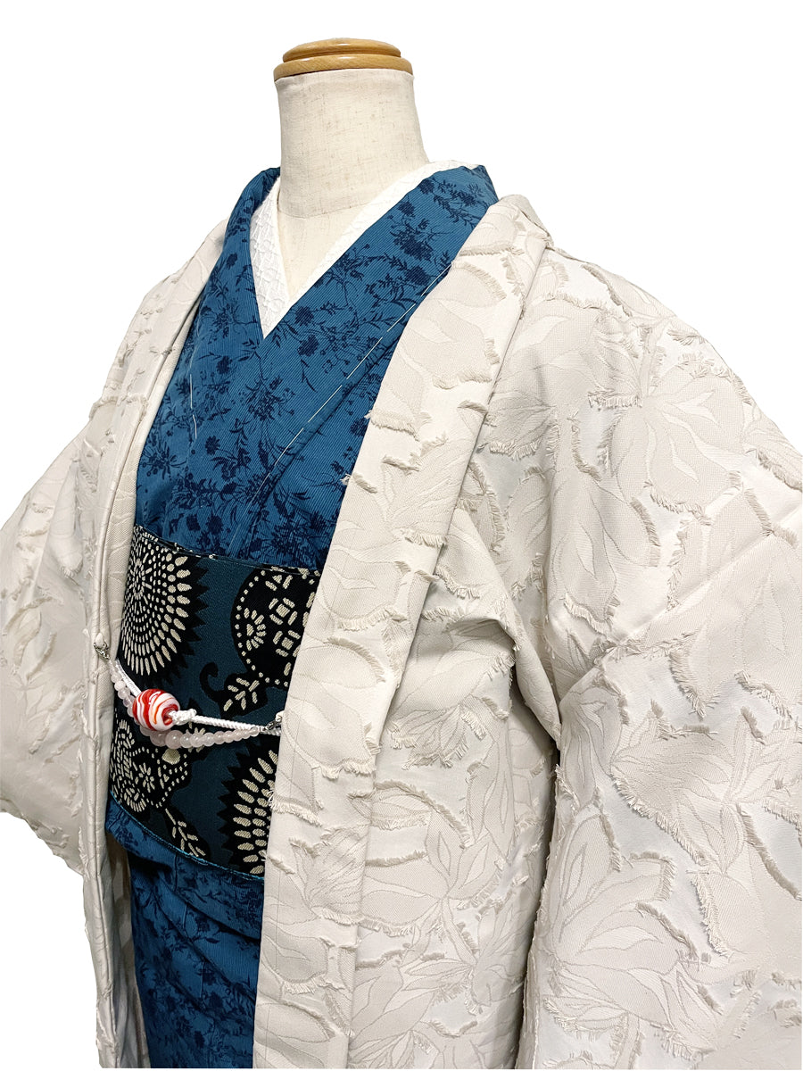 (KUON) Yarn-dyed cotton jacquard haori (Pachira) with single-ply stitching