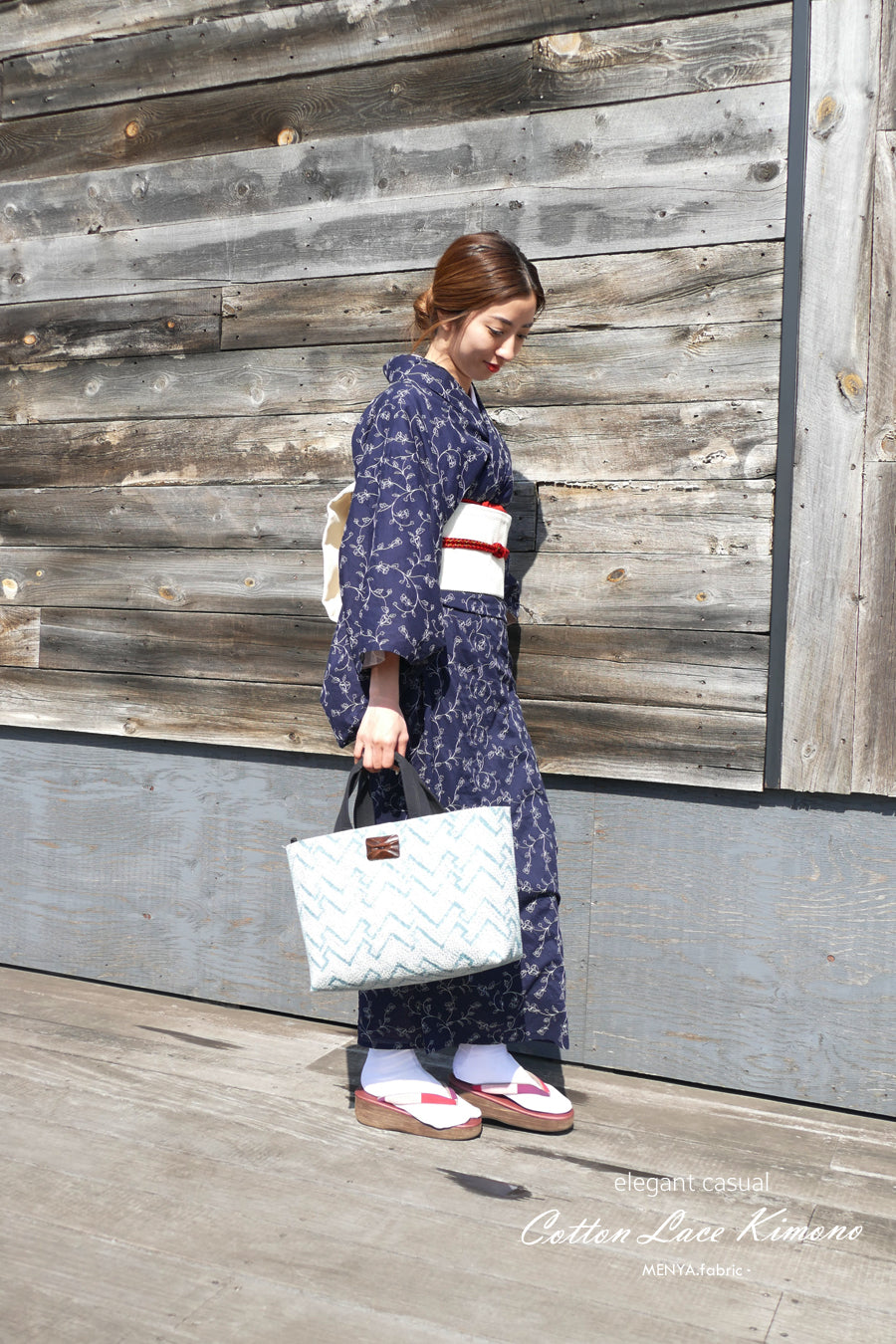 (KUON) Cotton Kimono "Floral Lace" with Single-Sided