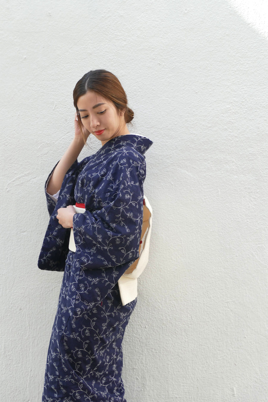 (KUON) Cotton Kimono "Floral Lace" with Single-Sided
