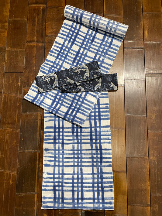 (三勝染)綿麻紅梅布「変わり三筋格子」男女仕立て対応