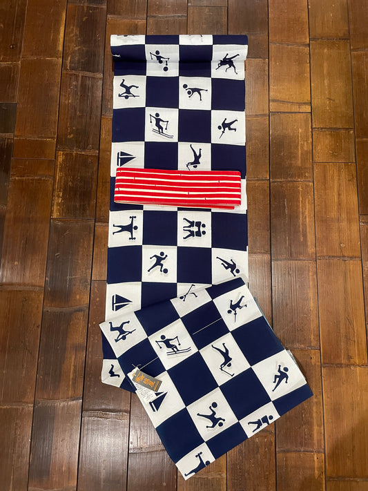 三勝染本染ゆかた「紺白市松/オリンピック柄」