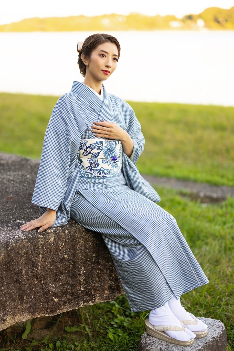 Bingo-ori cotton kimono "Benkei lattice" with single tailoring