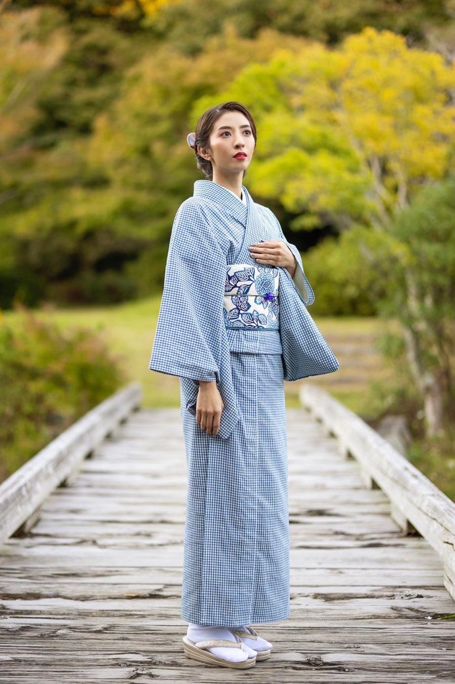 Bingo-ori cotton kimono "Benkei lattice" with single tailoring