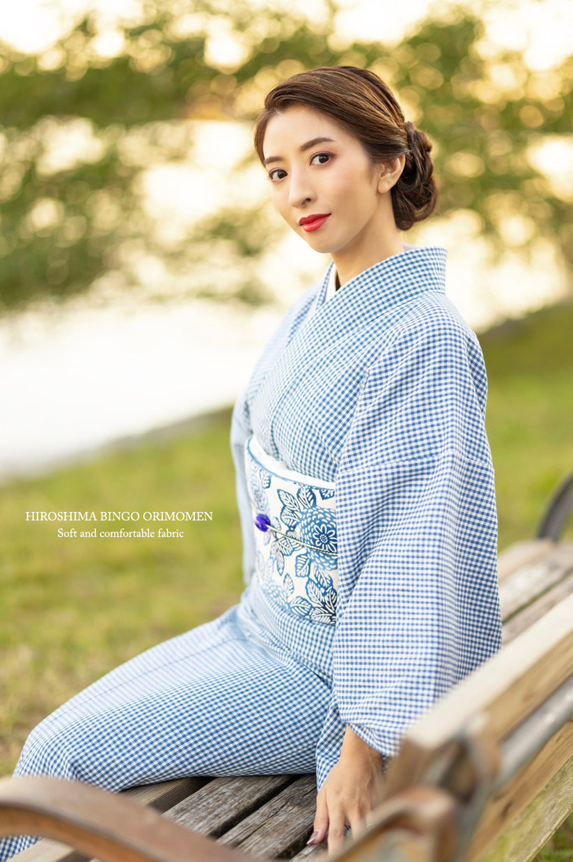 (KUON) Bingo-ori cotton kimono "Benkei lattice" (ladies' ready-to-wear) L size