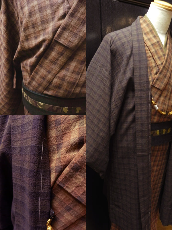 (SUI MEN/プレタ)先染木綿着物(BLOCK CHECK/BROWN)Lサイズ