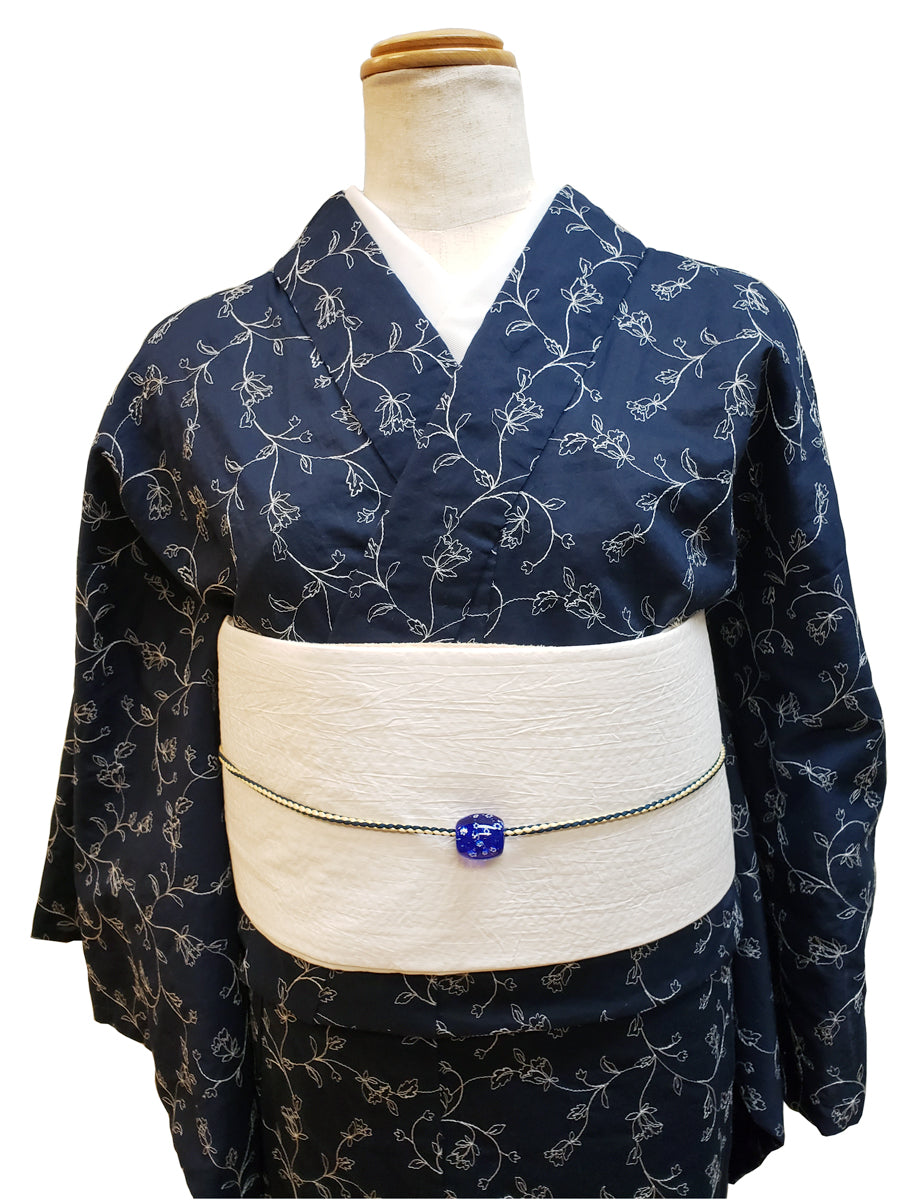 (KUON) Cotton Kimono "Floral Lace" with Single-Sided