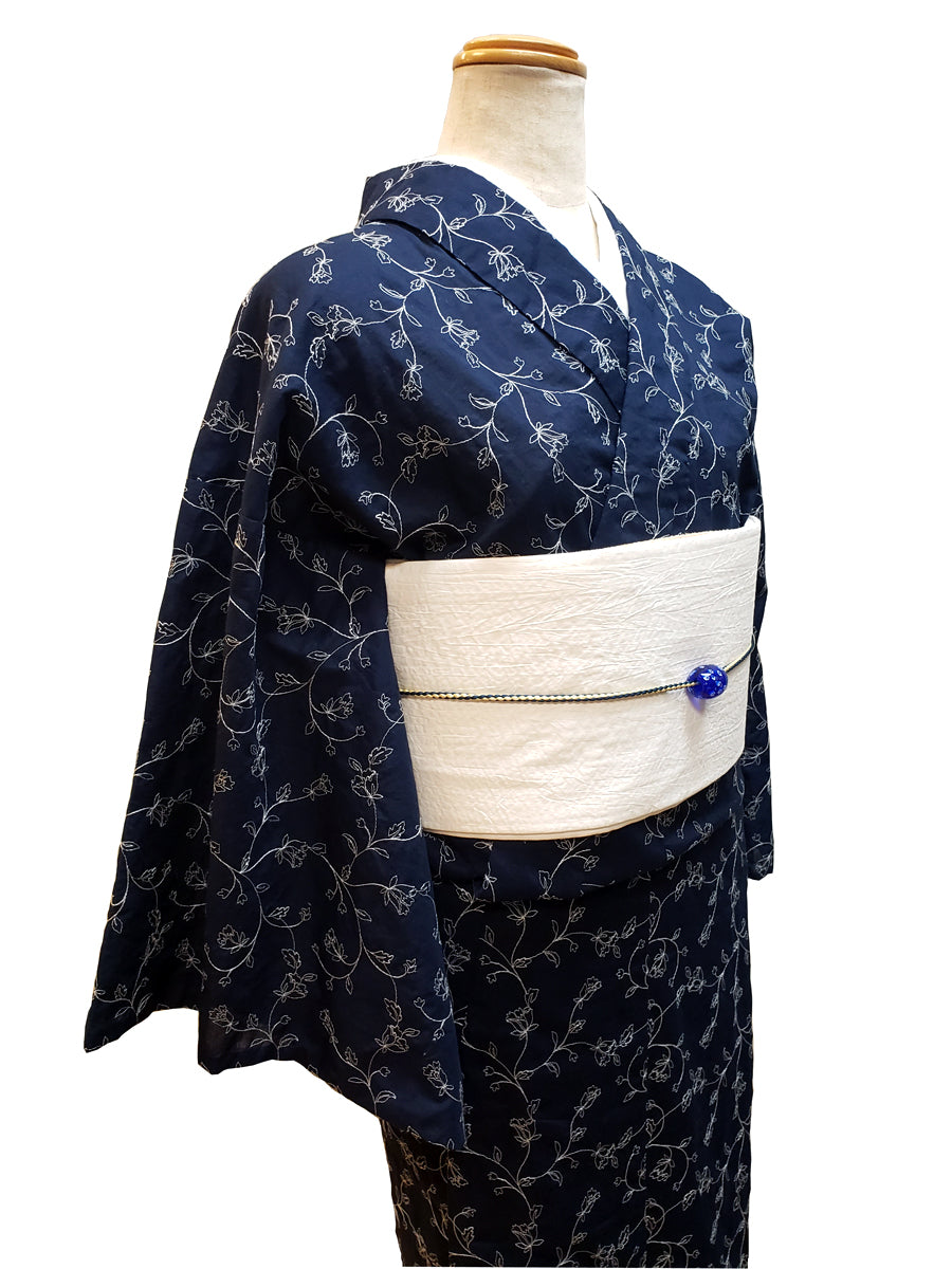 (KUON) Cotton Kimono "Floral Lace" with Single-Sided