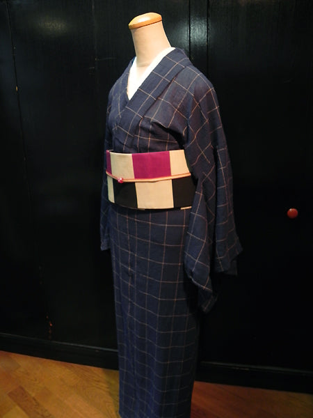 (KUON)はるなつもめんキモノ「綿麻刺子碁盤格子」(レディースプレタ/Lサイズ)