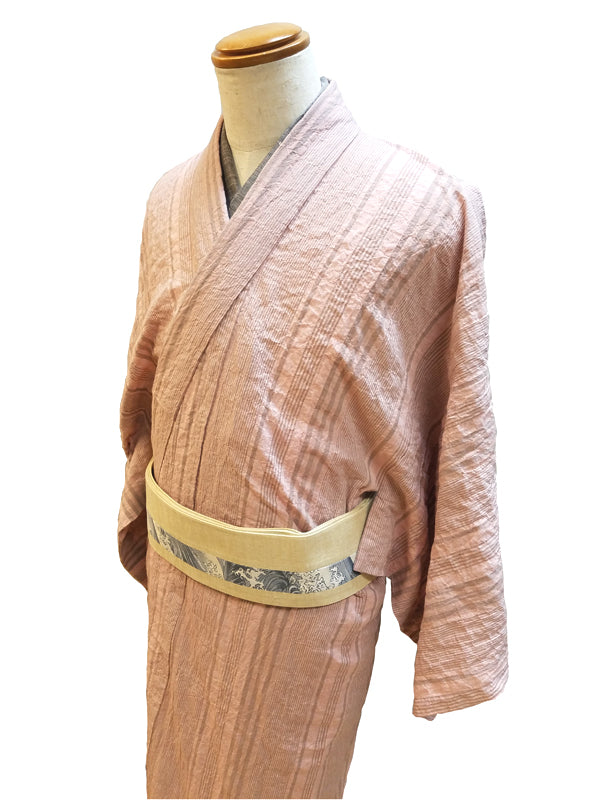 (SUI MEN/プレタ)綿麻着物 「綿麻/矢鱈縞/Yatarashima)メンズLサイズ/単仕立て/居敷当付き