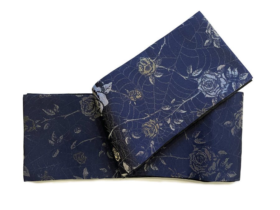 OICHI's reversible hanhaba obi "Navy rose & spider pattern"