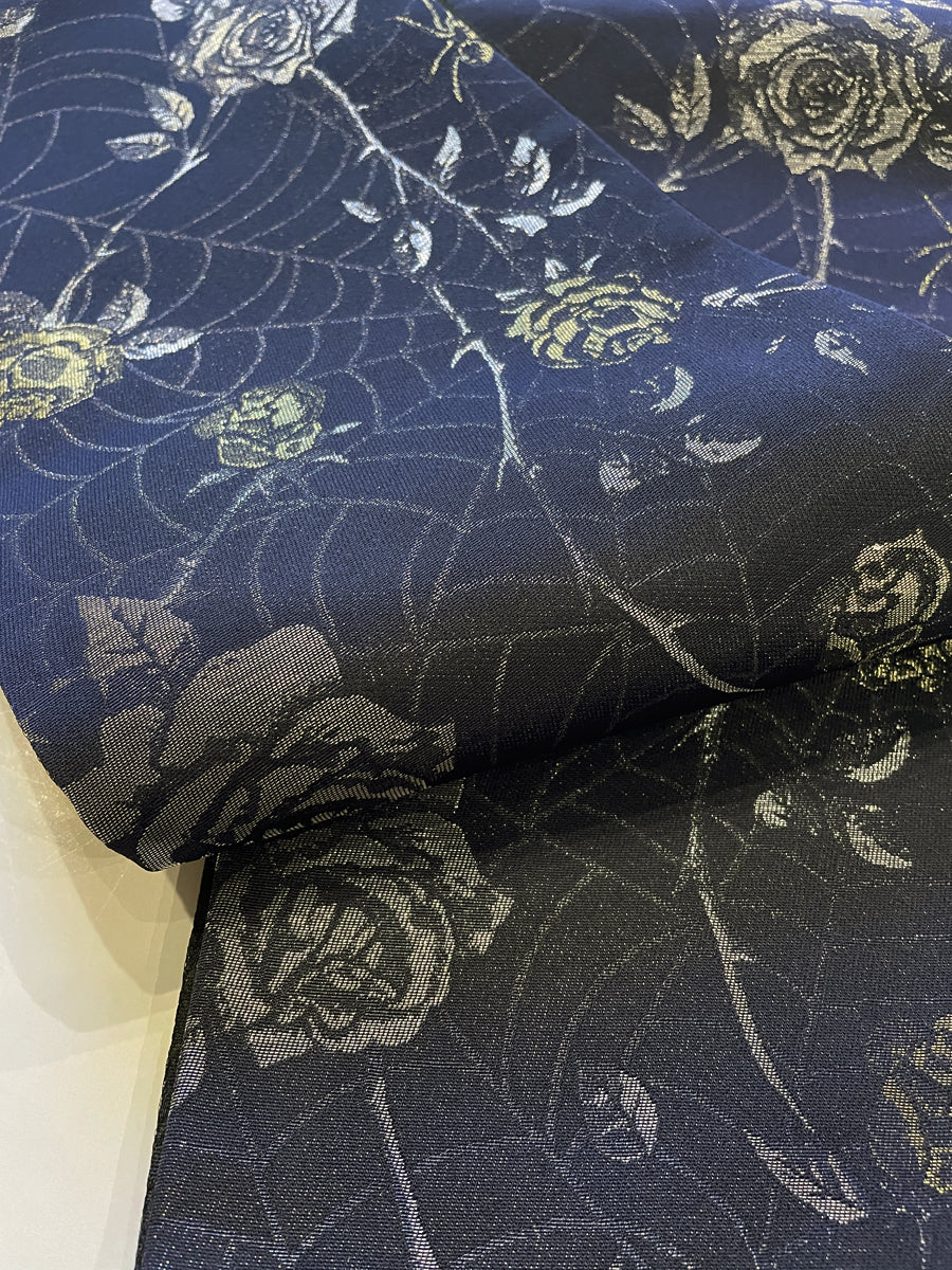 OICHI's reversible hanhaba obi "Navy rose & spider pattern"
