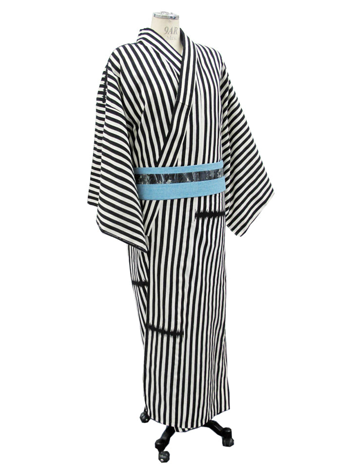 Sankatsuzome "Cotton Tsumugi Yukata/Stripes/Black & White"