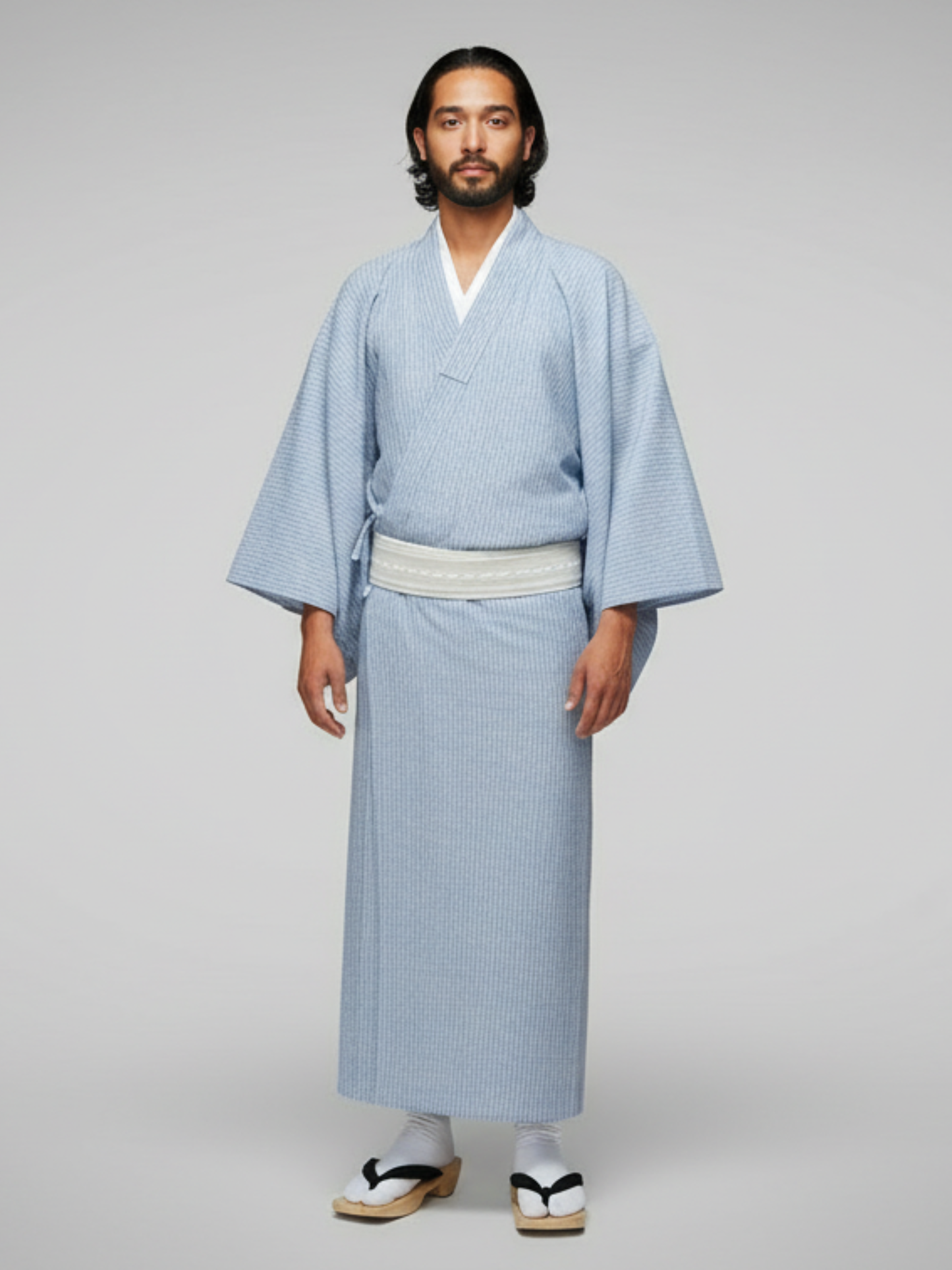 備後織木綿「シャンブレー（縞）/Bluegray」メンズプレタキモノ（M)サイズ