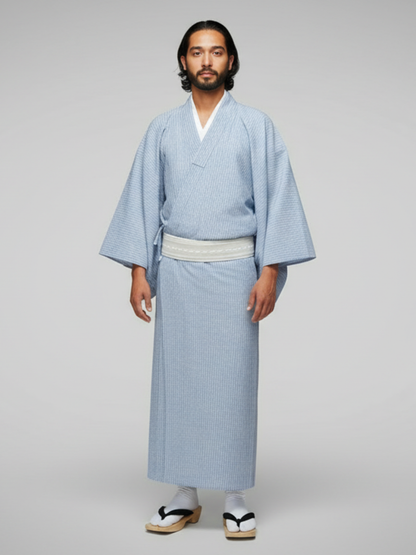 備後織木綿「シャンブレー（縞）/Bluegray」メンズプレタキモノ（M)サイズ