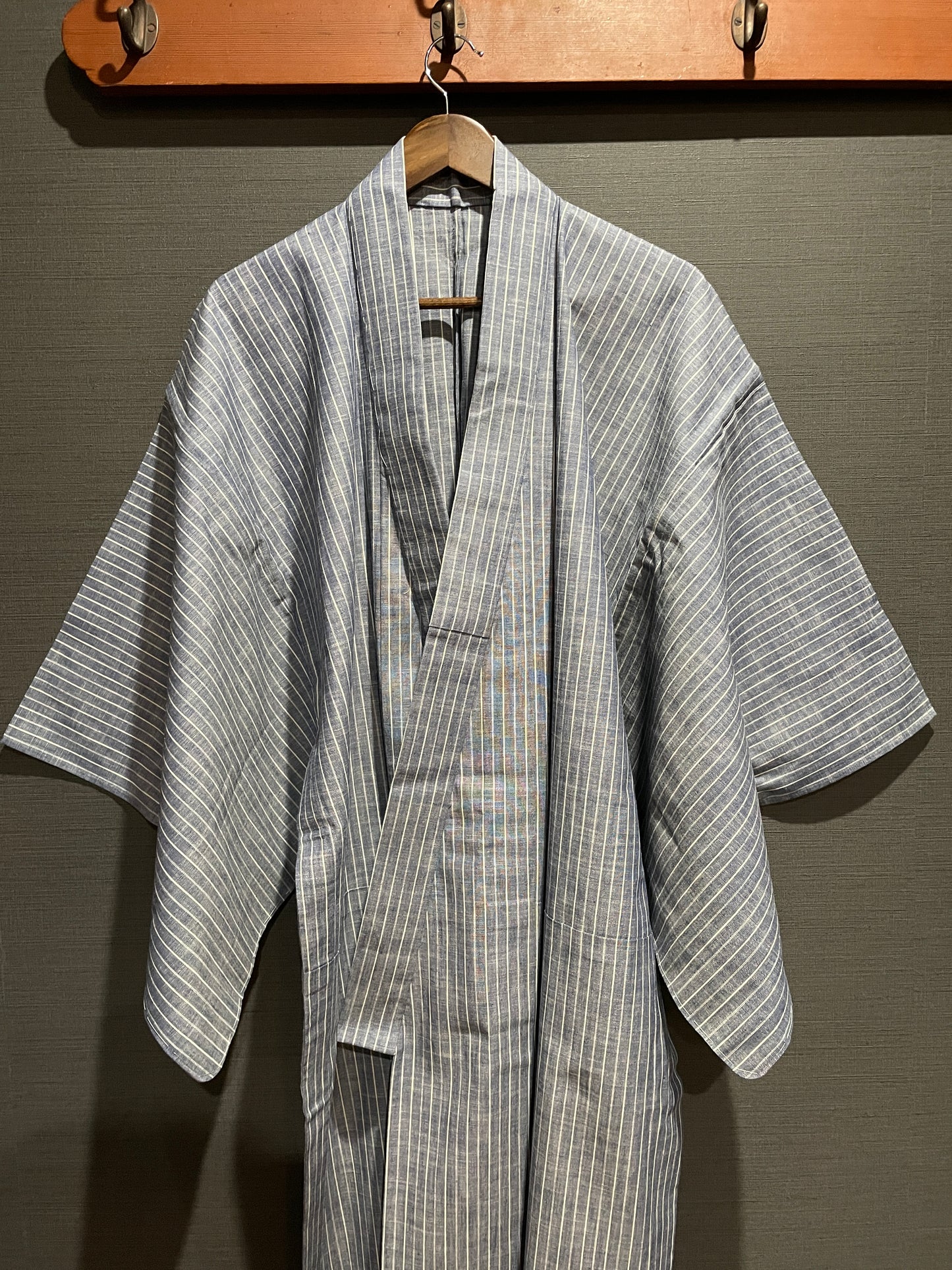 備後織木綿「シャンブレー（縞）/Bluegray」メンズプレタキモノ（M)サイズ