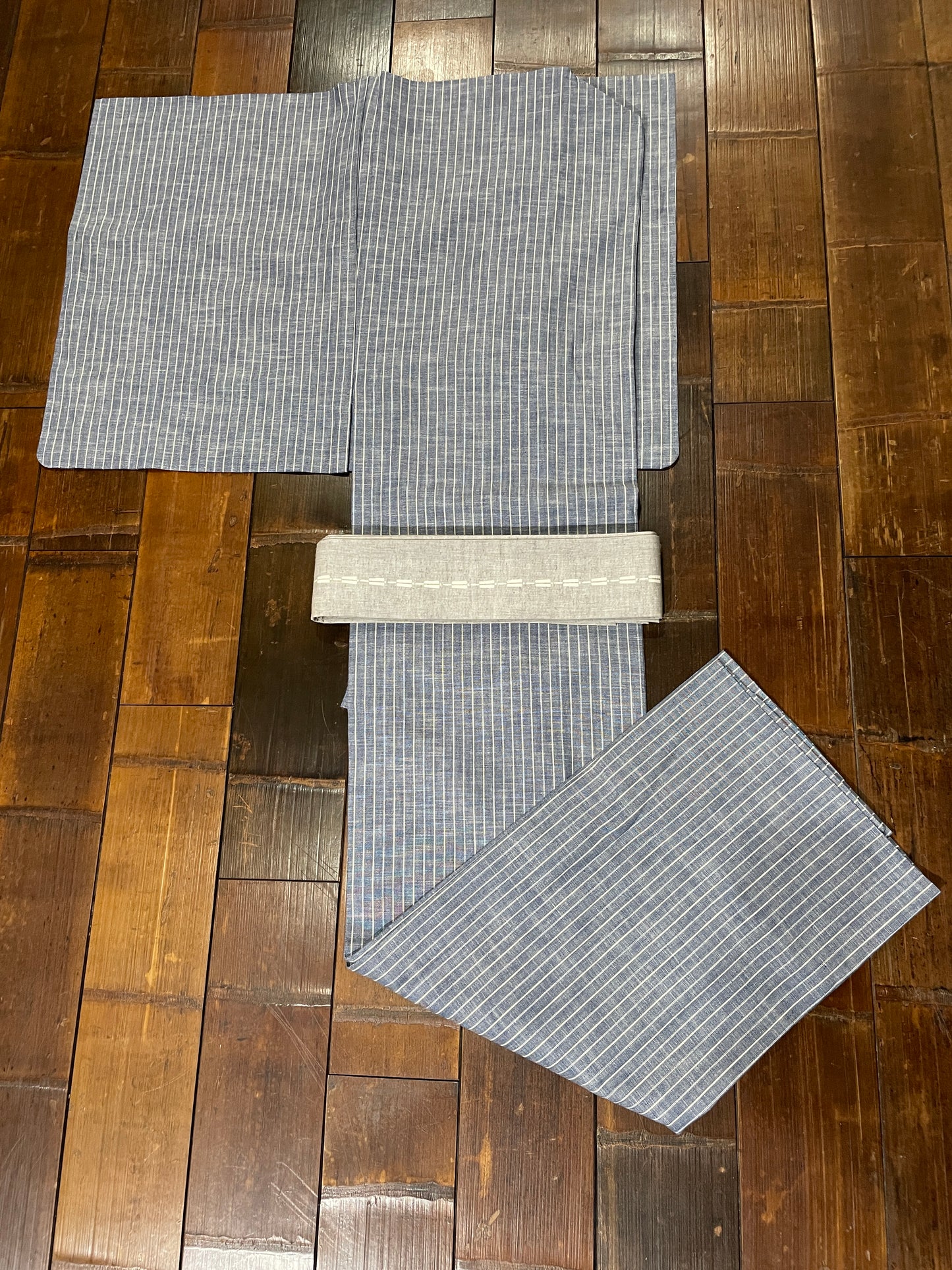 備後織木綿「シャンブレー（縞）/Bluegray」メンズプレタキモノ（M)サイズ