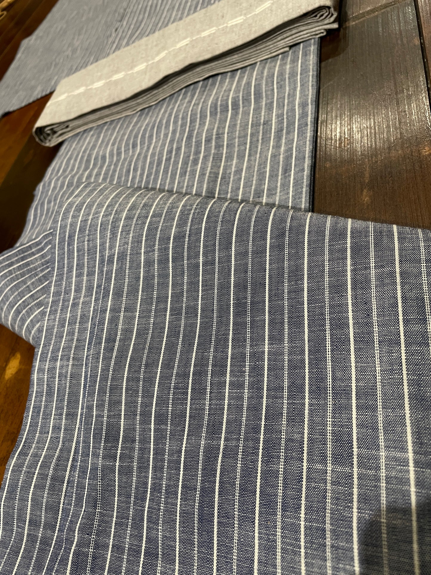 備後織木綿「シャンブレー（縞）/Bluegray」メンズプレタキモノ（M)サイズ