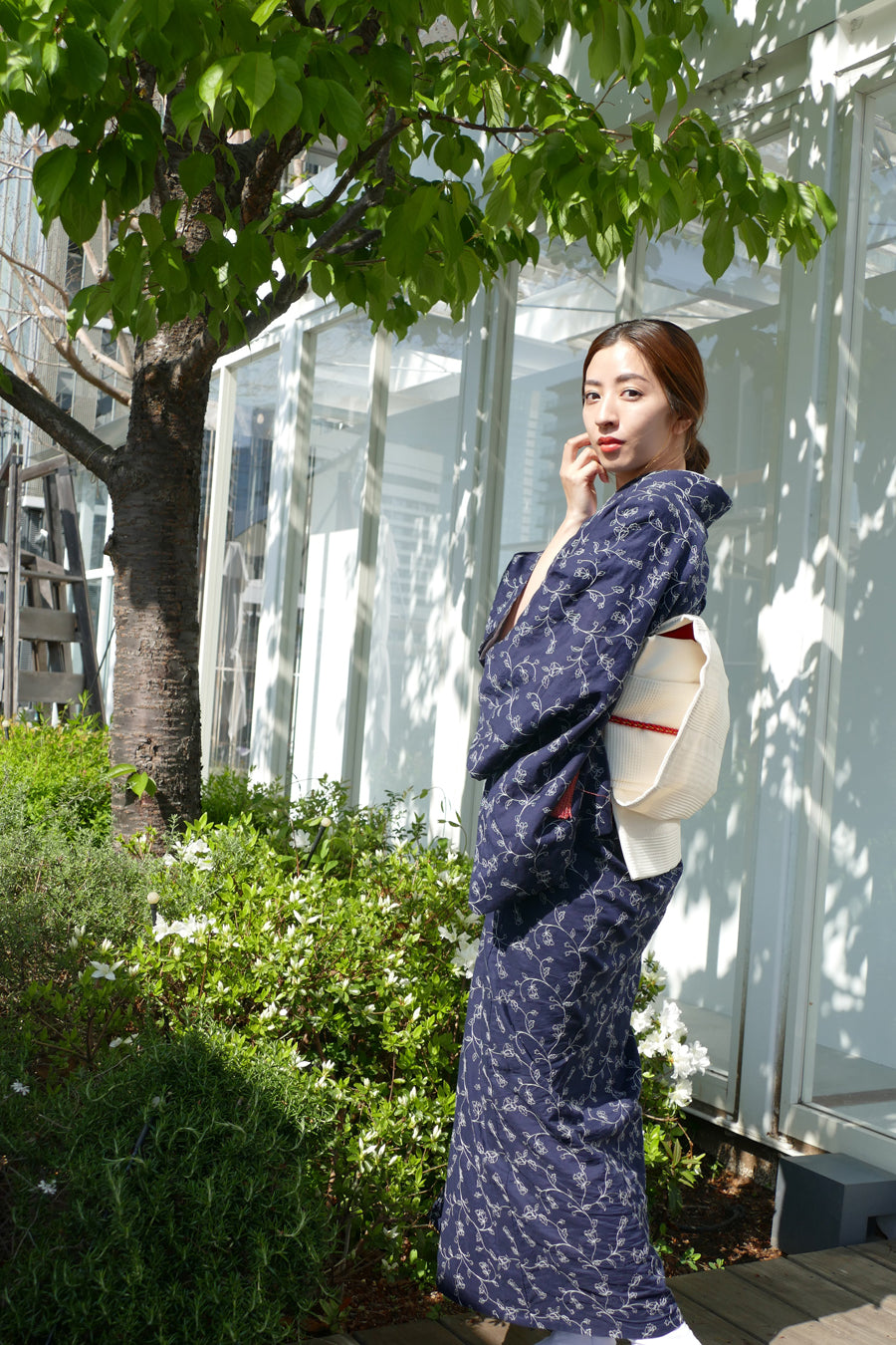 (KUON) Cotton Kimono "Floral Lace" with Single-Sided 