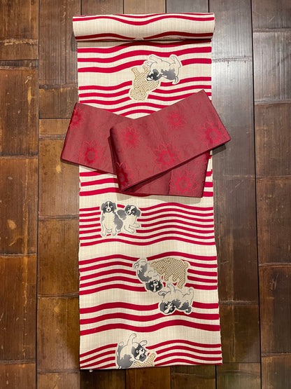 Sankatsu-dyed yukata "Reprinted puppy/red"