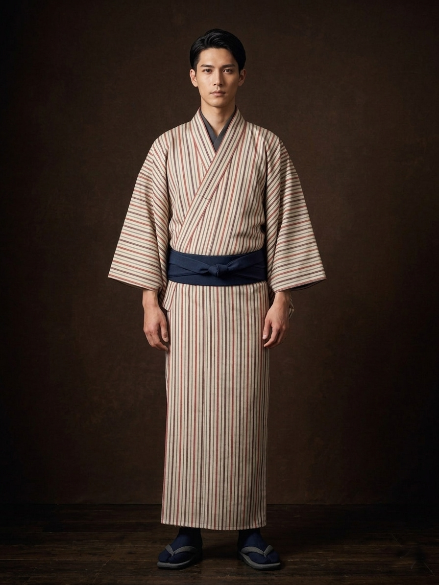 (SUI MEN/Pret-a-porter) Cotton linen kimono "Cotton linen/Yatarashima" Men's size L/single-ply/with lining 