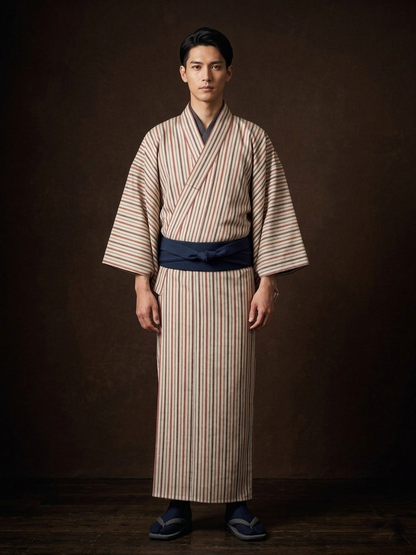 (SUI MEN/Pret-a-porter) Cotton linen kimono "Cotton linen/Yatarashima" Men's size L/single-ply/with lining 