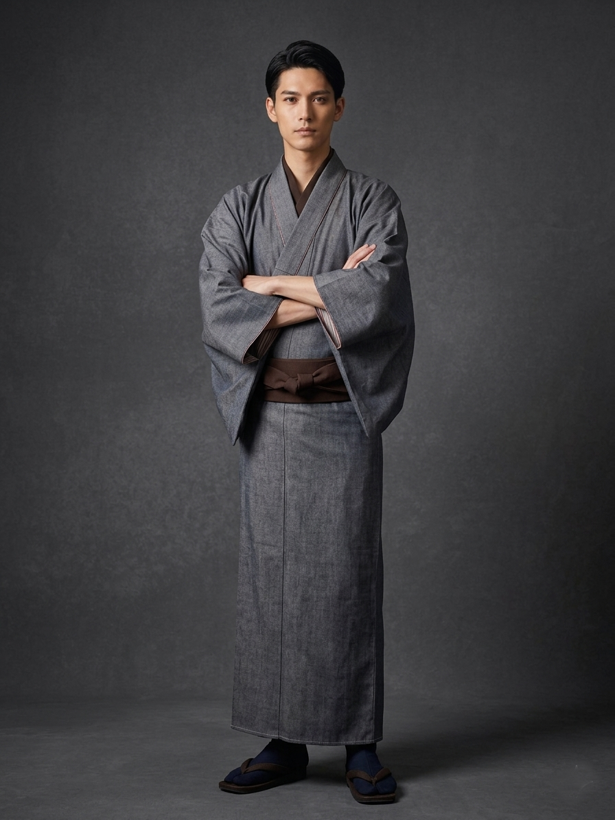 (SUI MEN/Pret-a-porter) Cotton linen kimono "Cotton linen/Yatarashima" Men's size L/single-ply/with lining 