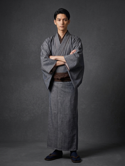 (SUI MEN/Pret-a-porter) Cotton linen kimono "Cotton linen/Yatarashima" Men's size L/single-ply/with lining 
