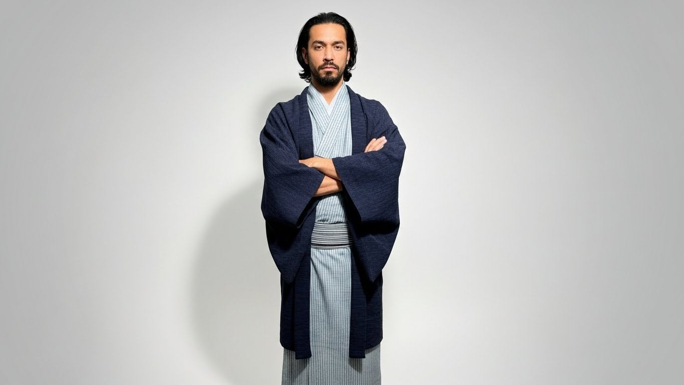 備後織木綿「シャンブレー（縞）/Bluegray」メンズプレタキモノ（M)サイズ