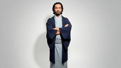 備後織木綿「シャンブレー（縞）/Bluegray」メンズプレタキモノ（M)サイズ