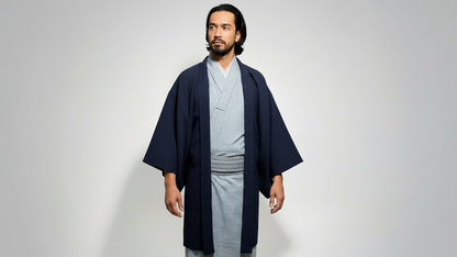 備後織木綿「シャンブレー（縞）/Bluegray」メンズプレタキモノ（M)サイズ