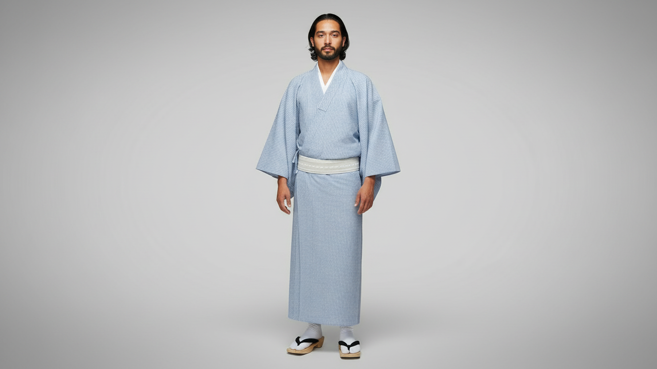 備後織木綿「シャンブレー（縞）/Bluegray」メンズプレタキモノ（M)サイズ