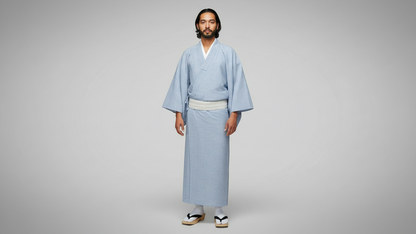 備後織木綿「シャンブレー（縞）/Bluegray」メンズプレタキモノ（M)サイズ