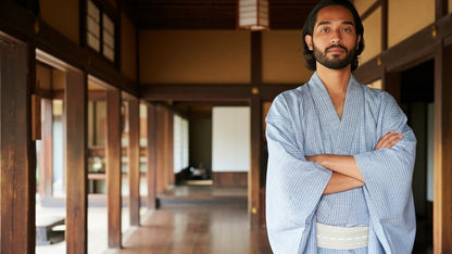 備後織木綿「シャンブレー（縞）/Bluegray」メンズプレタキモノ（M)サイズ