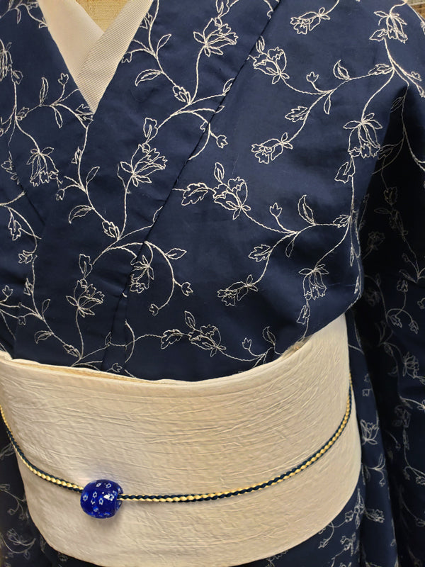 (KUON) Cotton Kimono "Floral Lace" with Single-Sided 