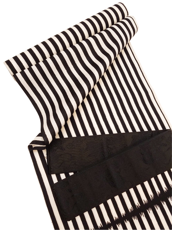 Sankatsuzome "Cotton Tsumugi Yukata/Stripes/Black &amp; White"