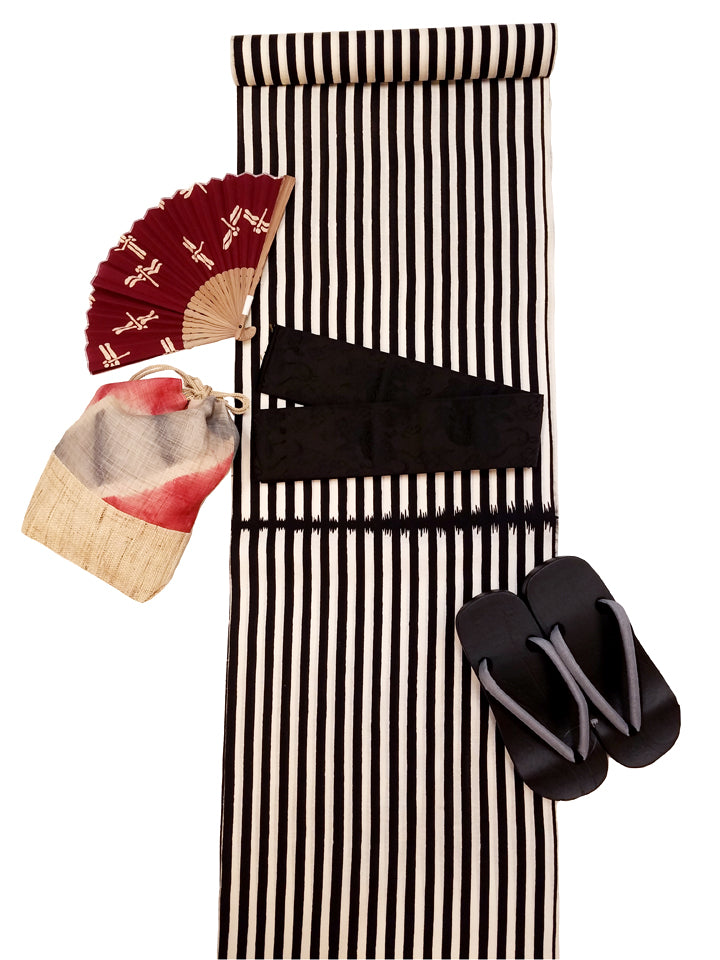 Sankatsuzome "Cotton Tsumugi Yukata/Stripes/Black &amp; White"