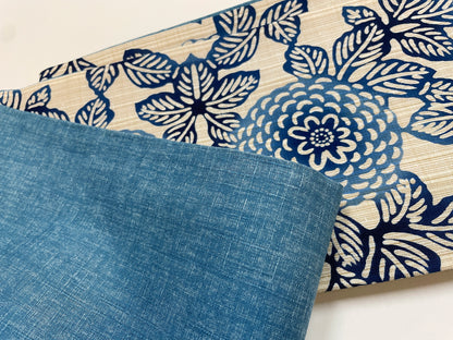 Stencil-dyed cotton obi with chrysanthemum pattern (indigo blue) 